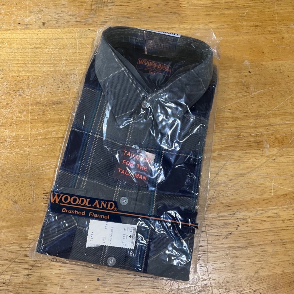Vtg Woodland Brushed Flannel Shirt Mens XXLT Tall Grey Blue Plaid NIP Cotton